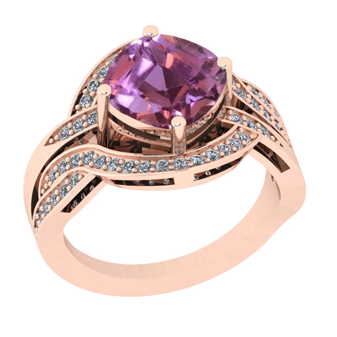 8.10 Ctw I2/I3 Kunzite And Diamond 14K Rose Gold Cocktail Ring: Center Stone Weight : 7.70 Ctw (Cushion Cut ) Center Stone Color : Kunzite Stone Setting : Prong Side Stone Weight Of Ctw 0.40 Ctw Side Stone Color : J-K Stone Clarity : I2/I3 Stone Setting : Prong Me