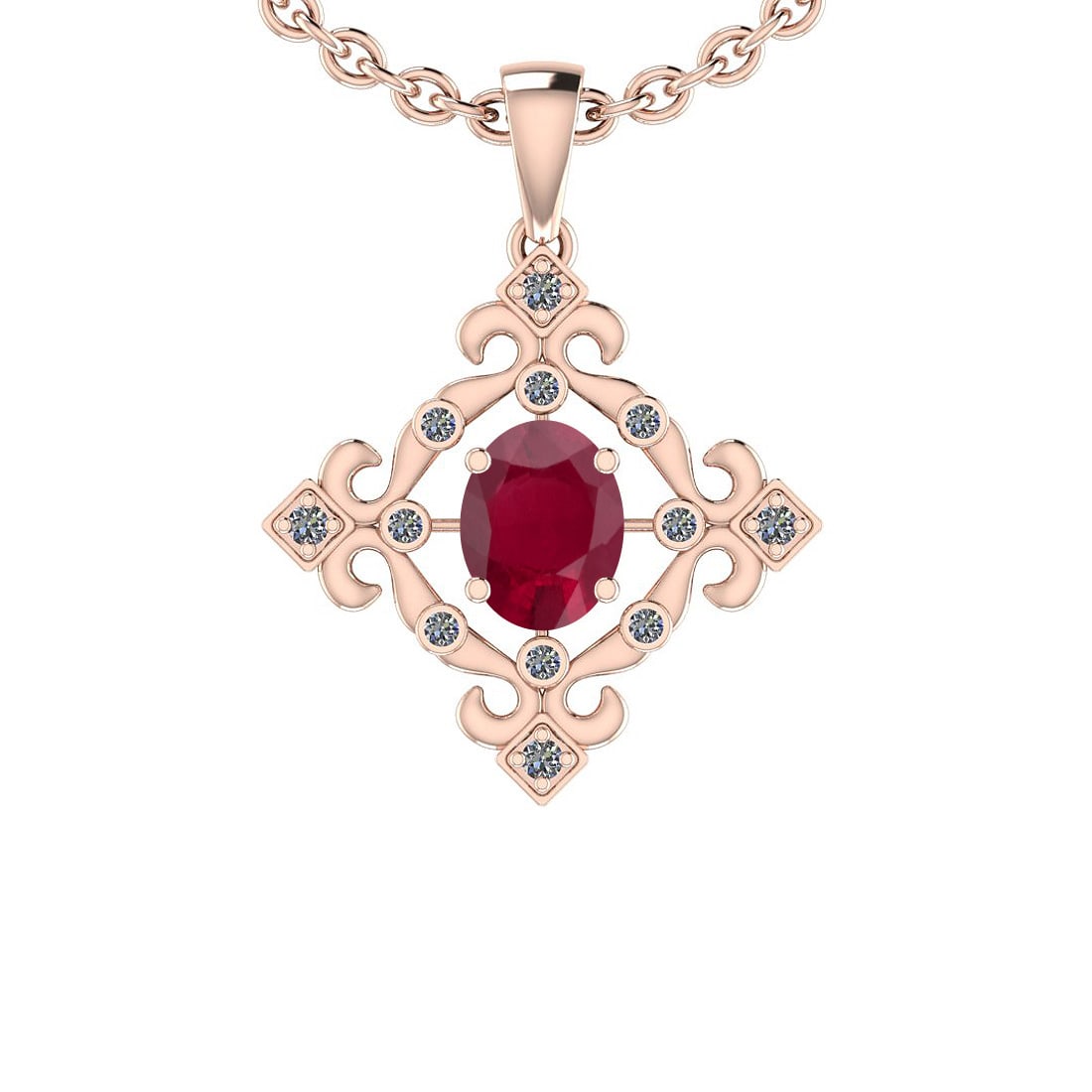 1.40 Ctw SI2/I1 Ruby And Diamond 14K Rose Gold Vintage Style Pendant: Center Stone Weight : 1.20 Ctw (Oval Cut) Center Stone Color :-Ruby Center Stone Setting : Prong Side Stone Weight Of Ctw 0.20 Ctw Side Stone Color : G-H Stone Clarity :SI2/I1 Stone Setting : Prong Me