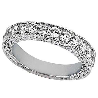Antique style Style Pave Set Wedding Ring Anniversary Band Platinum 1.00ctw: CENTER STONE 1.00 CTW ; Diamond CENTER STONE CLARITY; Vs2 CENTER STONE COLOR; J-K CENTER STONE SETTING; Pave SIDE STONE CLARITY; SIDE STONE COLOR; SIDE STONE SETTING; ctw OF SIDE STONE: SIDE STONE QUA