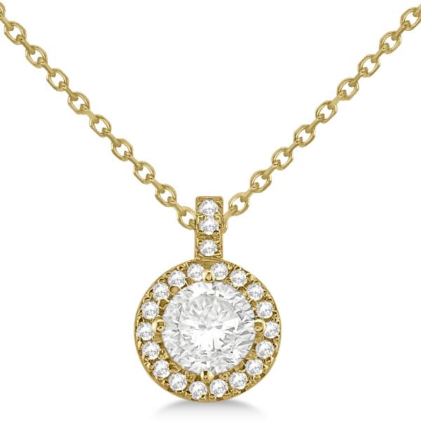Diamond Halo Pendant Necklace Round Solitaire 14k Yellow Gold 1.00ctw: CENTER STONE; Diamond CENTER STONE CLARITY; SI1-SI2 CENTER STONE COLOR; J-K CENTER STONE SETTING; Prong SIDE STONE CLARITY; SI1-SI2 SIDE STONE COLOR; J-K SIDE STONE SETTING; Pave ctw OF SIDE STONE: 0.