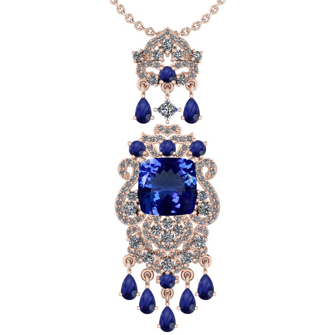 Certified 11.78 Ctw VS/SI1 Tanzanite,Blue Sapphire And Diamond 14K Rose Gol: Center Stone Approx Weight: 6.63 Ctw (Cushion Cut) Center Stone Color: Tanzanite Center Stone Setting: Prong Color Stone Weight: 3.09ctw stone Color: Blue Sapphire Setting: Prong Side Stone 2.06 Ctw S