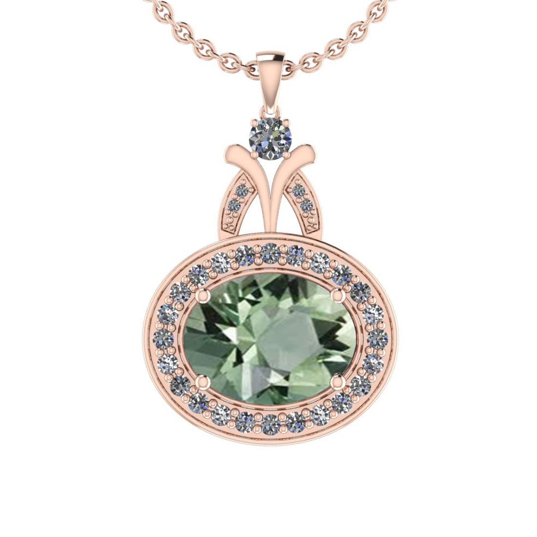23.16 Ctw I2/I3 Green Amethyst And Diamond 10K Rose Gold Pendant: Center Stone Weight : 22.15 Ctw (Oval Cut ) Center Stone Color : Green Amethyst Center Stone Setting : Prong Side Stone Weight Of Ctw 1.01 Ctw Side Stone Color : J-K Stone Clarity : I2/I3 Stone Settin