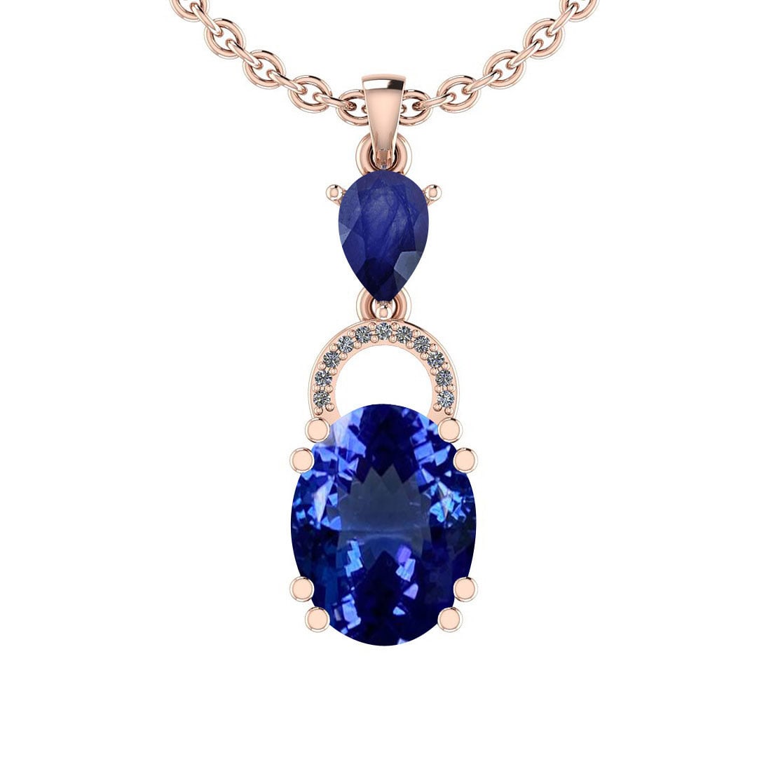 Certified 5.36 Ctw VS/SI1 Tanzanite,Blue Sapphire And Diamond 14K Rose Gold: Center Stone Approx Weight: 4.80 Ctw (Oval Cut) Center Stone Color: Tanzanite Center Stone Setting: Prong Color Stone Weight: 0.50 ctw stone Color: Blue Sapphire (Pear Cut )Setting: Prong Side Stone 0