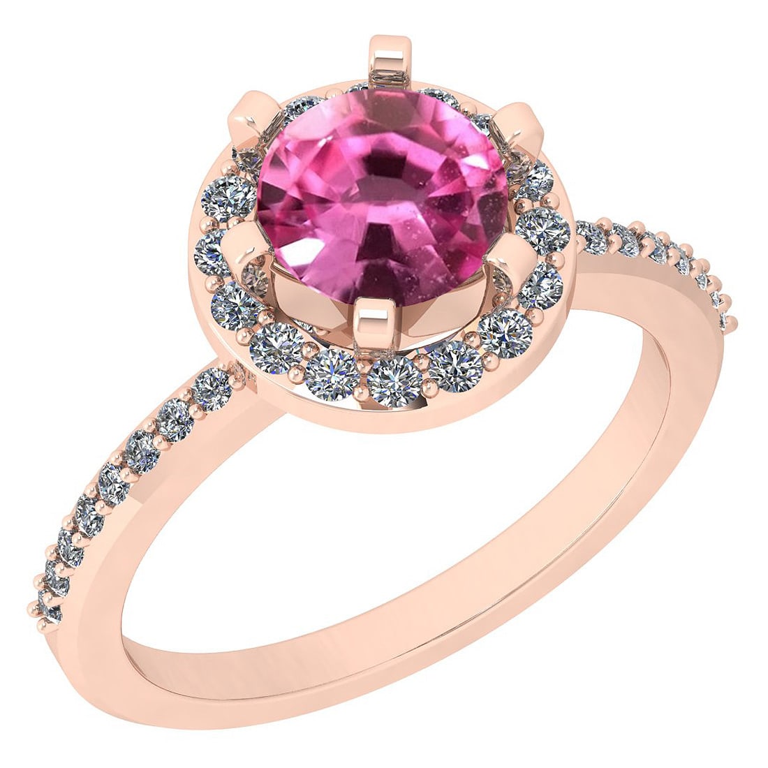1.52 Ctw SI2/I1 Pink Tourmaline And Diamond 14K Rose Gold Engagement Halo R: Center Weight : 1.14 Ctw ( Round Cut ) Center Color :- Pink Tourmaline Stone Setting : Prong Side Stone Weight Of Ctw 0.38 Ctw Side Stone Color : J-K Stone Clarity : SI2/I1 Stone Setting : Prong Metal