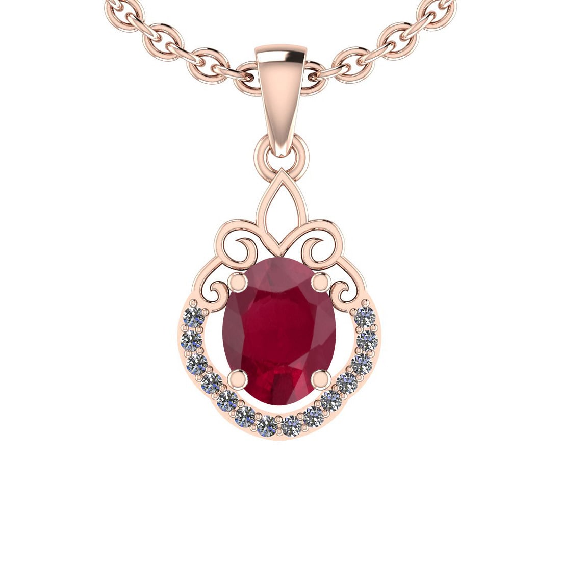 1.36 Ctw SI2/I1 Ruby And Diamond 14K Rose Gold Vintage Style Pendant: Center Stone Weight : 1.25 Ctw (Oval Cut) Center Stone Color :-Ruby Center Stone Setting : Prong Side Stone Weight Of Ctw 0.11 Ctw Side Stone Color : G-H Stone Clarity :SI2/I1 Stone Setting : Prong Me