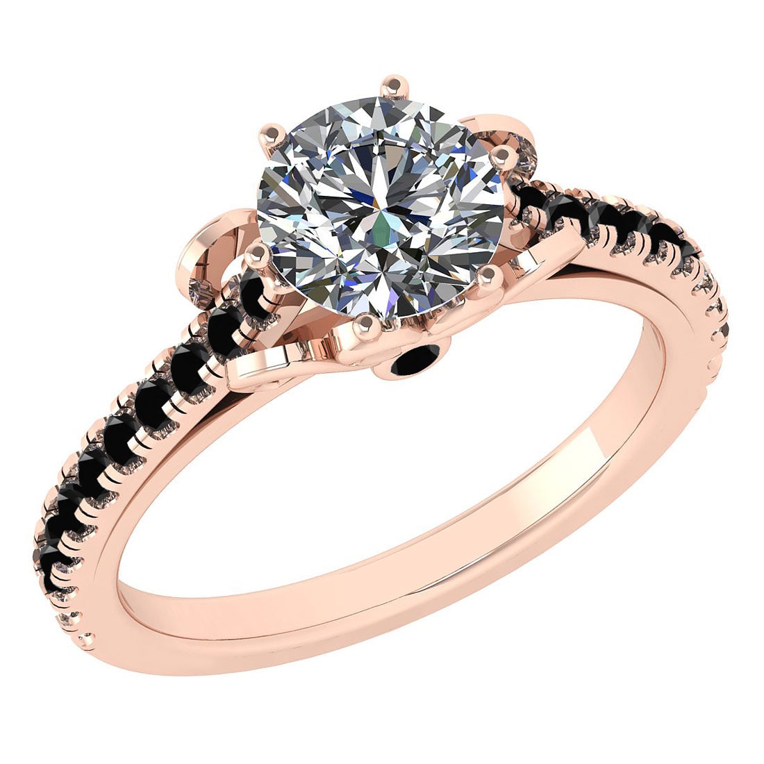 Certified 1.33 Ctw I2/I3 Treated Fancy Black And White Diamond 14K Rose Gol: Center Approx Weight: 1.00 Ctw (Round Cut) Center Color: J-K Center Stone Clarity: I2/I3 Stone Setting: Prong Side Stone 0.33 Ctw Side Stone Color: Treated Fancy Black Stone Clarity: I2/I3 Stone Setti