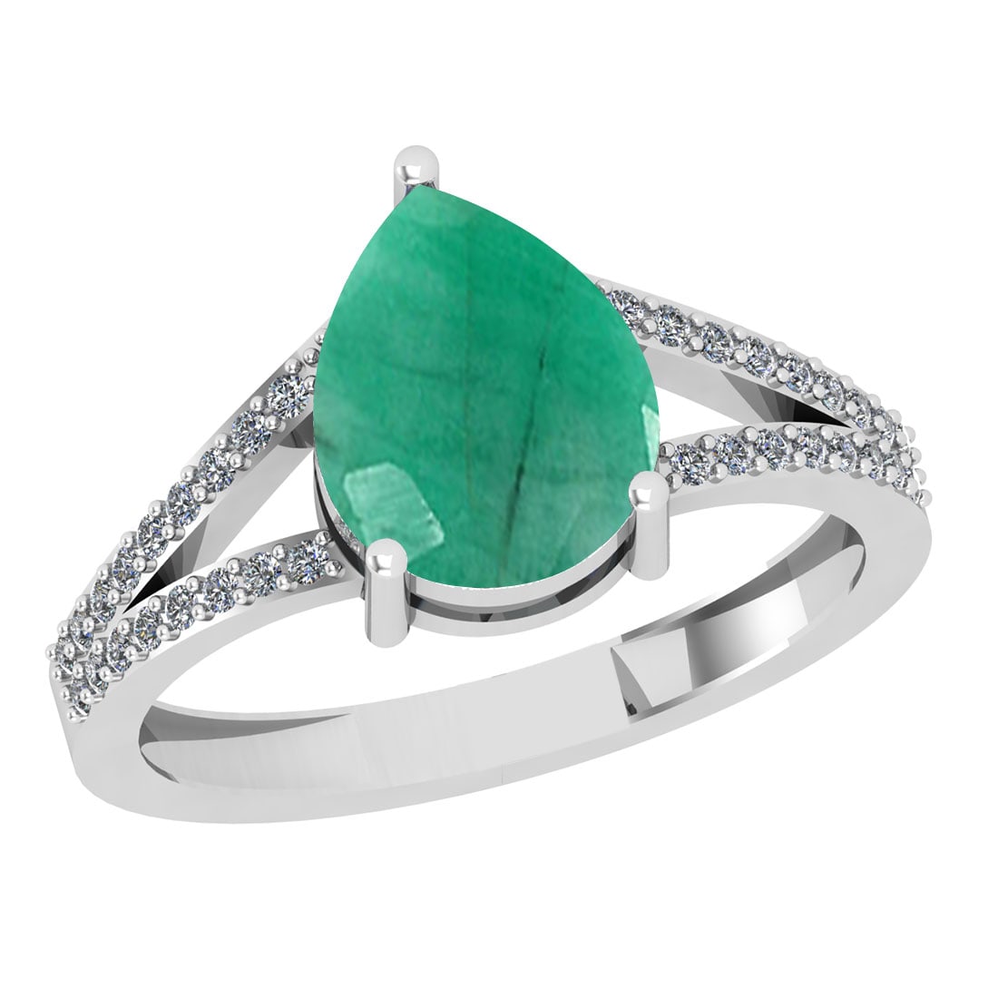 2.67 Ctw SI2/I1 Emerald And Diamond 14K White Gold Ring: Color Stone Weight : 2.50 Ctw (Pear Cut ) Center Stone Color : Emerald Center Stone Setting : Prong Side Stone Weight Of Ctw 0.17 Ctw Side Stone Color : J-K Stone Clarity : SI2/I1 Stone Setting : Pron