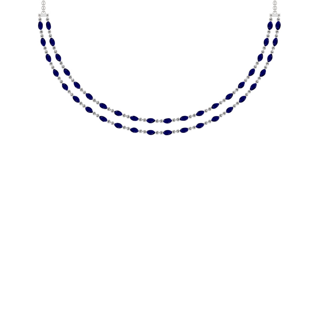 10.50 Ctw Blue sapphire 14K White Gold Double layer Necklace: Center Stone Weight : 10.50 Ctw ( Marquise Cut) Center Stone Color :-Blue sapphire Stone Setting : Prong Metal Weight : Approx 15.80 Gram 14K White Gold Double layer Necklace Size :- 16 Inches