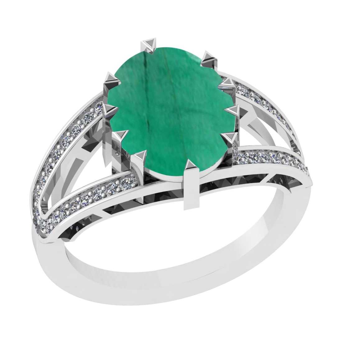 3.71 Ctw SI2/I1 Emerald and Diamond 14K White Gold Engagement Ring: Color Stone Weight : 3.50 Ctw ( Oval Cut) Stone Color :- Emerald Center Stone Setting : Prong Side Weight Of Ctw 0.21 Ctw Color : J-K Clarity : SI2/I1 Stone Setting : Prong Metal Weight : Approx 5.20