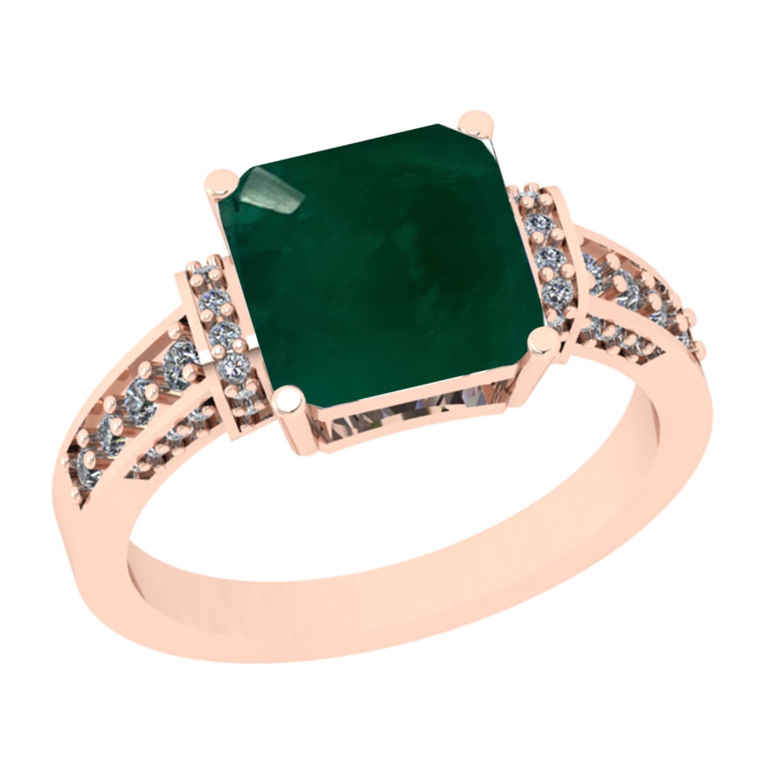 2.55 Ctw VS/SI1 Emerald And Diamond 18K Rose Gold Engagement Ring: Center Stone Weight : 2.31 Ctw (1 Psc Emerald Cut ) Center Stone Color : Emerald Center Stone Setting : Prong Side Stone Weight Of Ctw 0.24 Ctw Side Stone Color : J-K Stone Clarity : VS/SI1 Stone Sett
