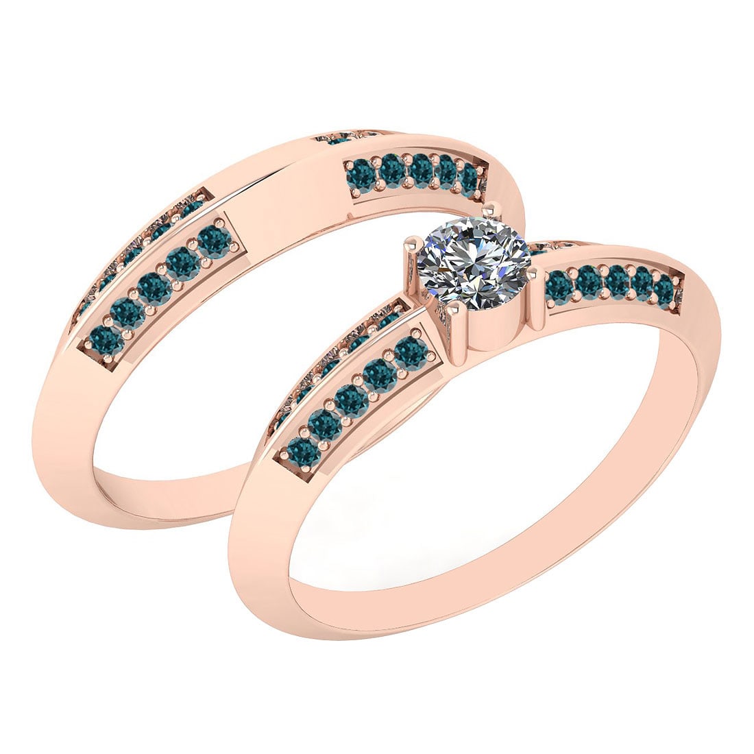 Certified 0.81 Ctw I2/I3 Treated Fancy Blue And White Diamond 14K Rose Gold: Center Approx Weight: 0.25 Ctw (Round Cut) Center Color: J-K Center Stone Clarity: I2/I3 Stone Setting: Prong Side Stone 0.56 Ctw Side Stone Color: Treated Fancy Blue Stone Clarity: I2/I3 Stone Settin