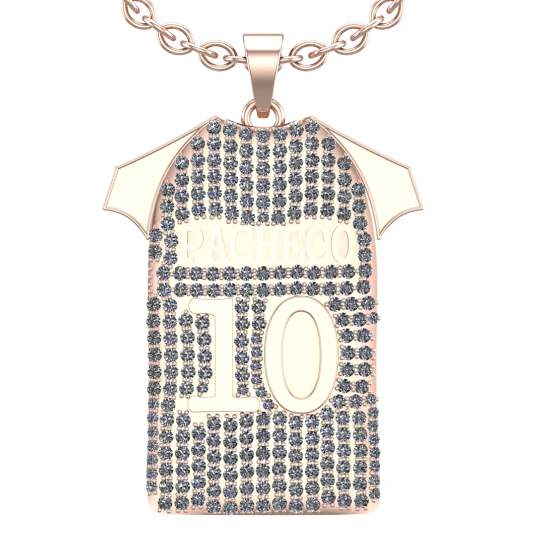 3.25 Ctw SI2/I1 Diamond 14K Rose Gold football theme Jersey pendant necklac: Total Diamond Weight : 3.25 Ctw (Round cut) Center Diamond Color :- J-K Center Clarity : SI2/I1 Stone Setting : Prong Metal Weight : Approx 13.50 Gram 14K Rose Gold football theme Jersey pendant Neckl