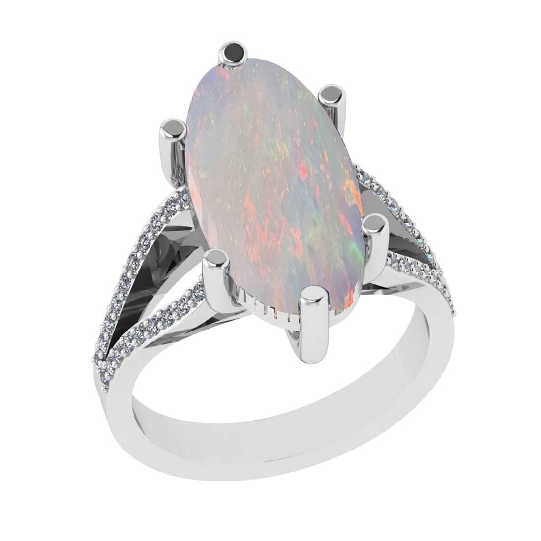 5.58 Ctw SI2/I1 Opal and Diamond 14K White Gold Engagement Ring: Center Stone Weight : 5.26 Ctw Center stone Color :- Opal Setting : Prong Side Weight Of Ctw 0.32 Ctw Color : J-K Clarity : SI2/I1 Stone Setting : Prong Metal Weight : Approx 6.35 gram 14K White Gold