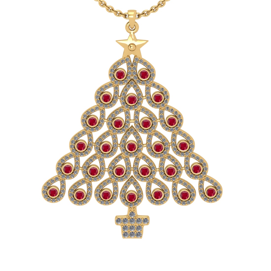 2.89 Ctw SI2/I1 Ruby and Diamond 14K Yellow Gold Necklace: Color Stone Weight : 0.94 Ctw ( Round Cut) Stone Color :- Ruby Center Stone Setting : Prong Side Weight Of Ctw 1.95 Ctw Color : J-K Clarity : SI2/I1 Stone Setting : Prong Metal Weight : Approx 13.50 g