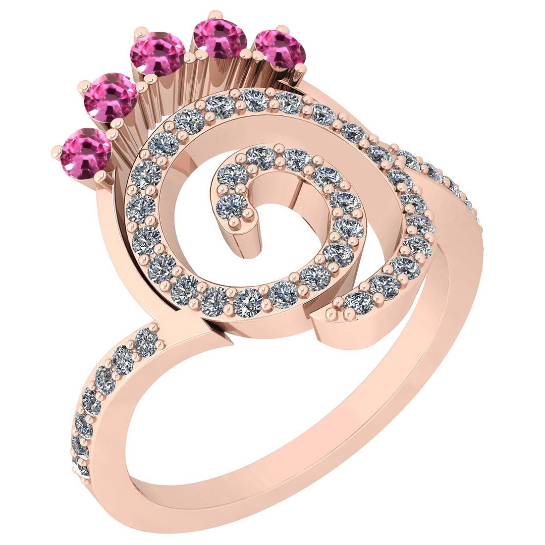 0.96 Ctw SI2/I1 Pink Sapphire And Diamond 14K Rose Gold Entertiy Ring: Center Weight : 0.35 Ctw ( Round Cut ) Center Color :- Pink Sapphire Stone Setting : Prong Side Stone Weight Of Ctw 0.61 Ctw Side Stone Color : J-K Stone Clarity : SI2/I1 Stone Setting : Prong Metal W