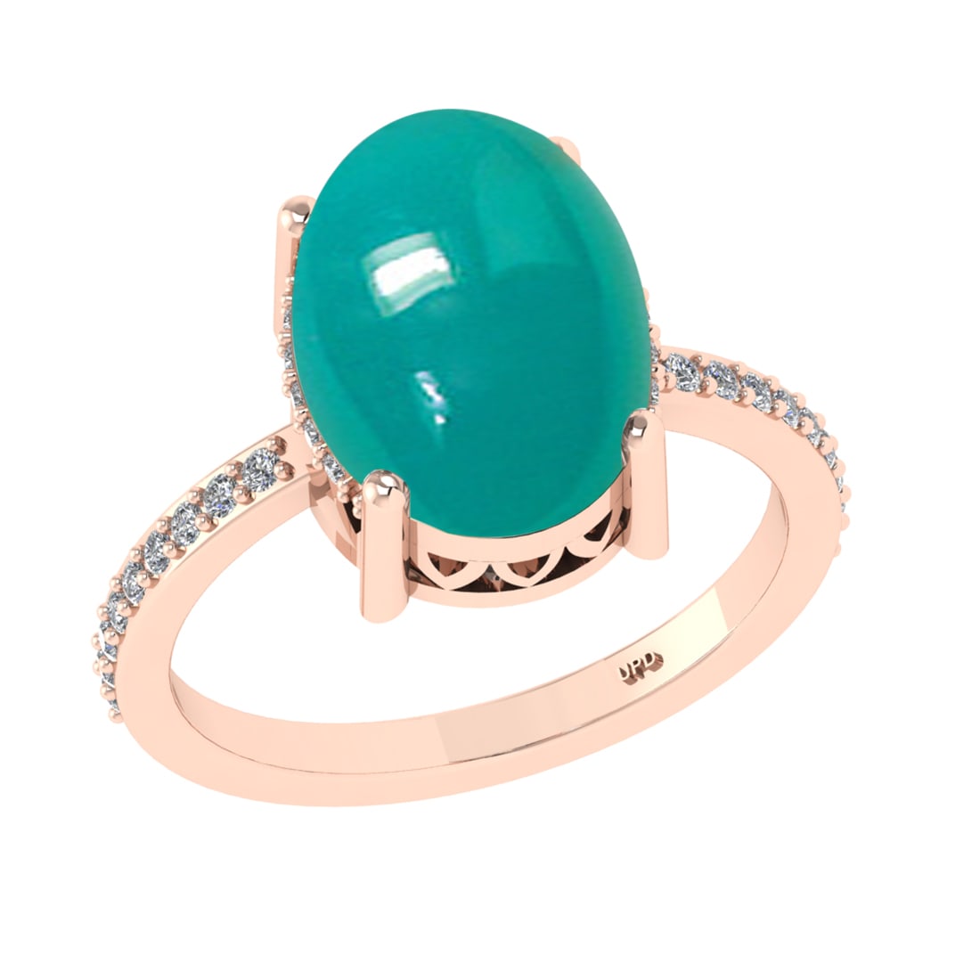 5.31 Ctw VS/SI1 Emerald and Diamond 14k Rose Gold Engagement Ring: Center Stone Weight : 5.10 Ctw ( Oval Cab) Center Stone Color :-Emerald Setting : Prong Side Weight Of Ctw 0.21 Ctw Color : J-K Clarity : VS/SI1 Stone Setting : Prong Metal Weight : Approx 3.20 gram 1