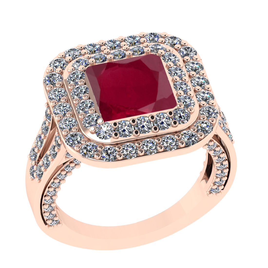 4.62 Ctw SI2/I1 Ruby And Diamond 14K Rose Gold Engagement Ring: Center Stone Weight : 2.00 Ctw ( Princess Cut ) Center Stone Color : Ruby Stone Setting : Prong Side Diamond Weight Of Ctw2.62 Ctw Side Stone Color : J-K Stone Clarity : SI2/I1 Stone Setting : Prong M