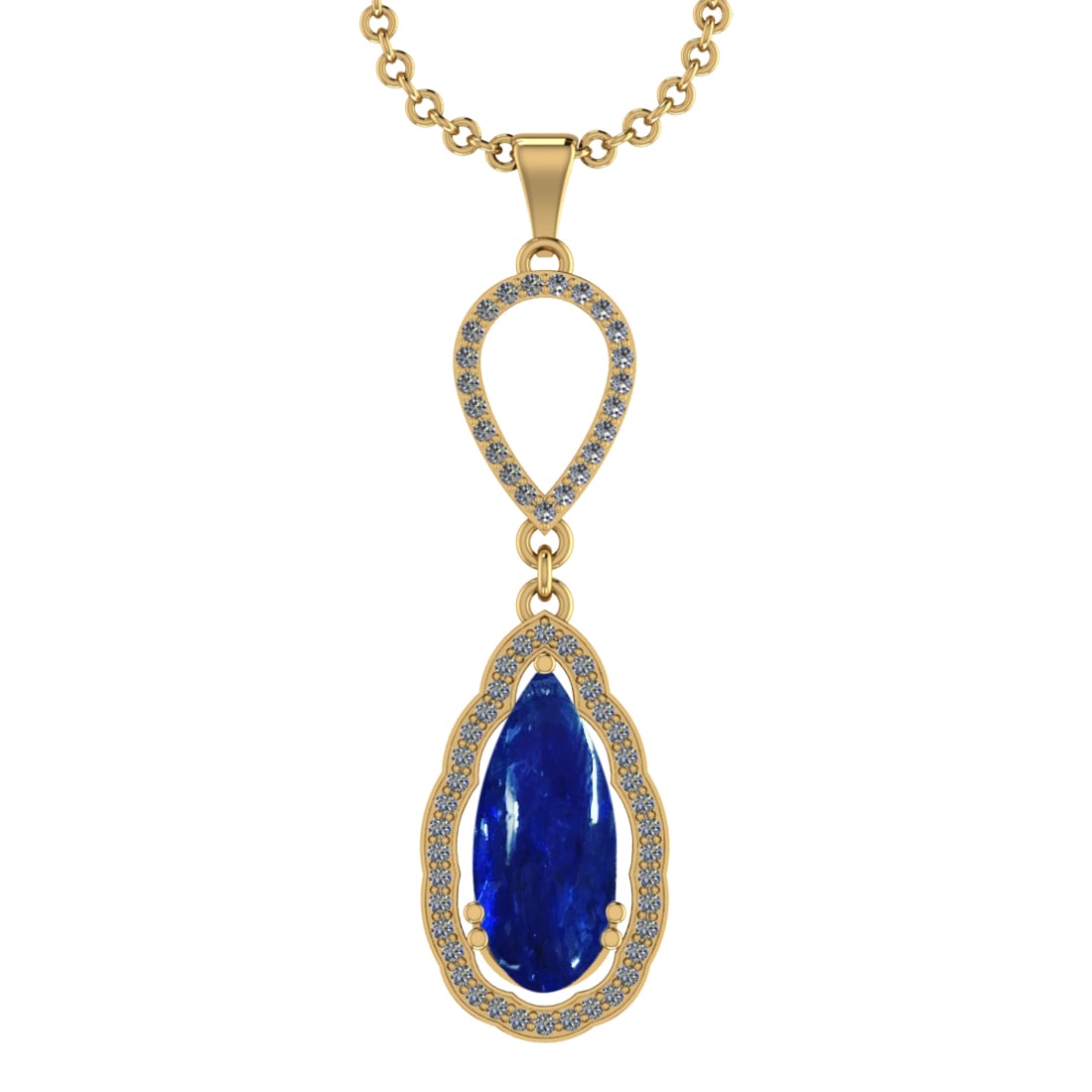 17.56 Ctw VS/SI1 Tanzanite and Diamond Prong Set 14k Yellow Gold Pendant: Center Stone Weight : 17.08 Ctw ( Pear Cab) Center Stone Color :-Tanzanite Setting : Prong Side Weight Of Ctw 0.48 Ctw Color : J-K Clarity : VS/SI1 Stone Setting : Prong Metal Weight : Approx 5.80