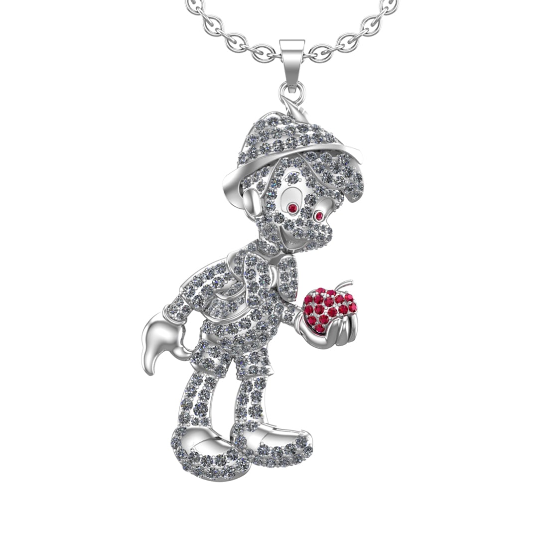 4.96 Ctw SI2/I1 Ruby and Diamond Style 14K White Gold Hip Hop theme Pendant: Color Stone Weight : 0.16 Ctw ( Round Cut) Center Stone Color : Ruby Setting : Prong Side Diamond Weight Of Ctw 4.80 Ctw Side Stone Color : J-K Stone Clarity : SI2/I1 Stone Setting : Prong Metal Weigh