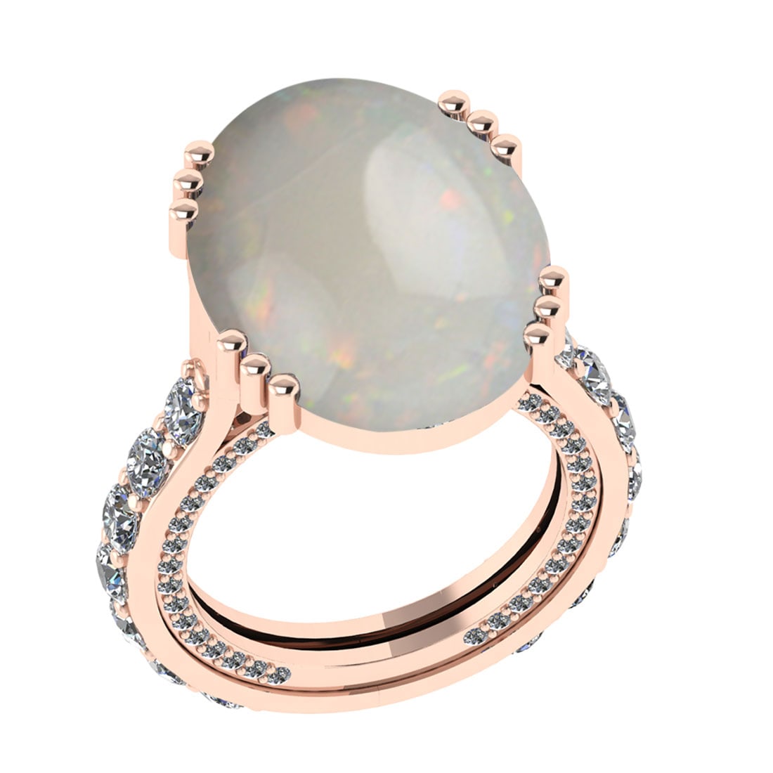 12.55 Ctw SI2/I1 Opal And Diamond 14K Rose Gold Engagement Ring: Center Stone Weight : 10.69 Ctw ( Oval Cab ) Center Stone Color : Opal Stone Setting : Prong Side Diamond Weight Of Ctw 1.86 Ctw Side Stone Color : J-K Stone Clarity : SI2/I1 Stone Setting : Prong Met