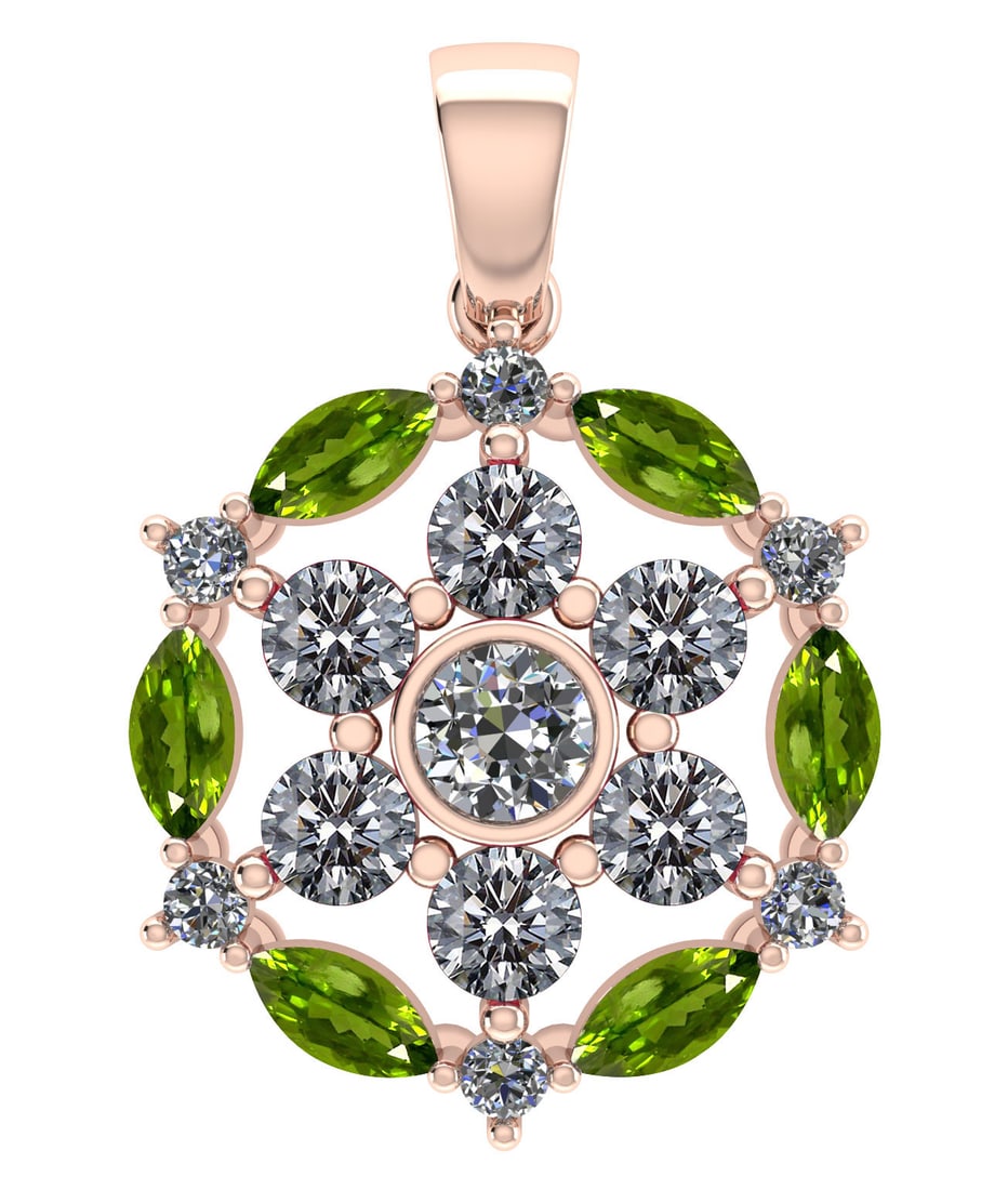 Certified 1.30 CTW Genuine Peridot And Diamond 14K Rose Gold Pendant: Diamond Weight (13pcs) 1.00 CTWRound Center Stone Clarity:SI1-SI2 Center Stone Color: White Diamond Stone Setting ;Bezel Side Stone Clarity;SI1-SI2 Side Stone Color ; Marquise Peridot G-H Side Stone S