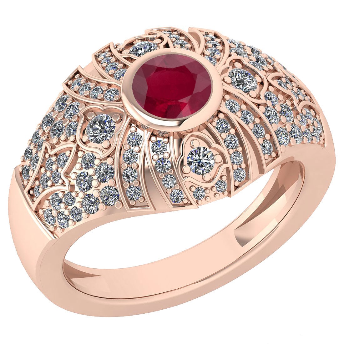 Certified 1.04 Ctw Ruby And Diamond Ladies Fashion Halo Ring 14K Rose Gold: Center Stone Weight ; 0.45 Ctw (1 Pcs Round) Center Stone Color: Ruby Center Stone Setting ; Prong Side Stone (90 Pcs Round Cut Diamond) 0.59 ctw Side Stone Color: White G-H Diamond Side Stone Setting