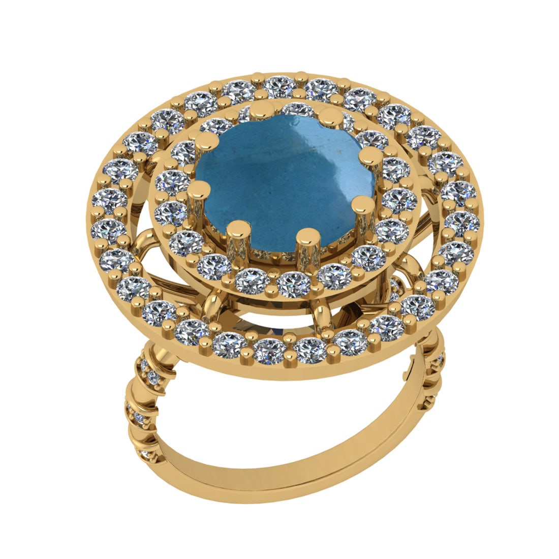 5.77 Ctw SI2/I1 Aquamarine And Diamond 14K Yellow Gold Engagement Ring: Color Stone Weight : 4.09 Ctw (Round Cabochon ) Center Stone Color : Aquamarine Center Stone Setting : Prong Side Stone Weight Of Ctw 1.68 Ctw Side Stone Color : J-K Stone Clarity : SI2/I1 Stone Setti