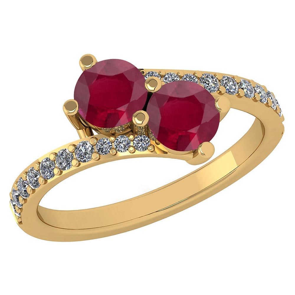 Certified 1.24 Ctw Ruby And White Diamond Wedding/Engagement Style 18K Yell: Center Stone Approx Weight ; 1.00 Ctw (2 Pcs Round) Center Stone Color: Ruby Center Stone Setting: Prong Side Stone Weight: 0.24 Ctw (20 Pcs Round Cut Diamond) Side Stone Color: White G-H Diamond Ston