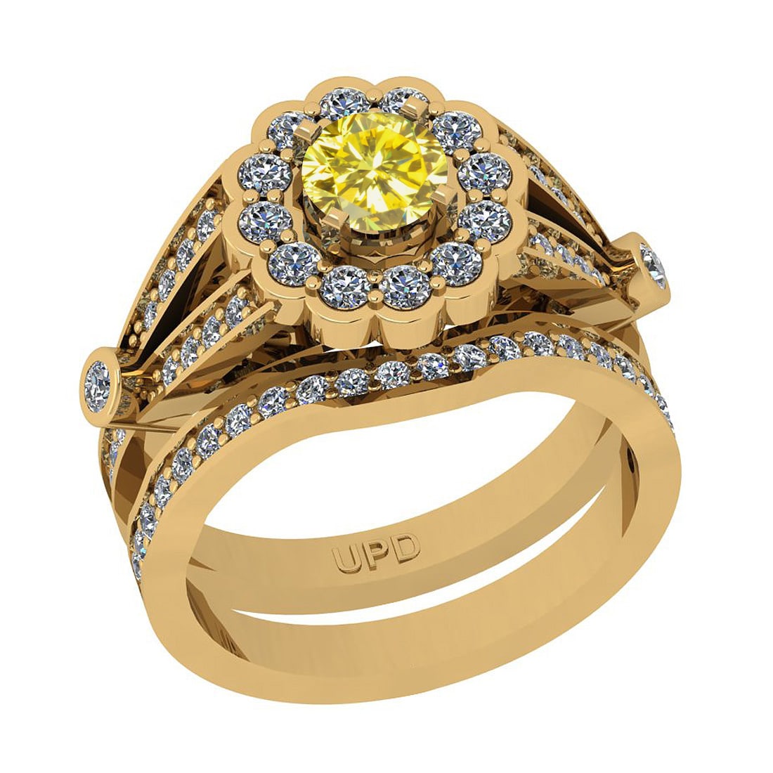 1.17 Ctw I2/I3 Treated Fancy Yellow And White Diamond 10K Yellow Gold Weddi: Center Stone Weight : 0.50 Ctw (Round Cut ) Center Stone Color : Treated Fancy Yellow Diamond Center Stone Clarity : I2/I3 Center Stone Setting : Prong Side Stone Weight Of Ctw 0.67 Ctw Side Stone Col