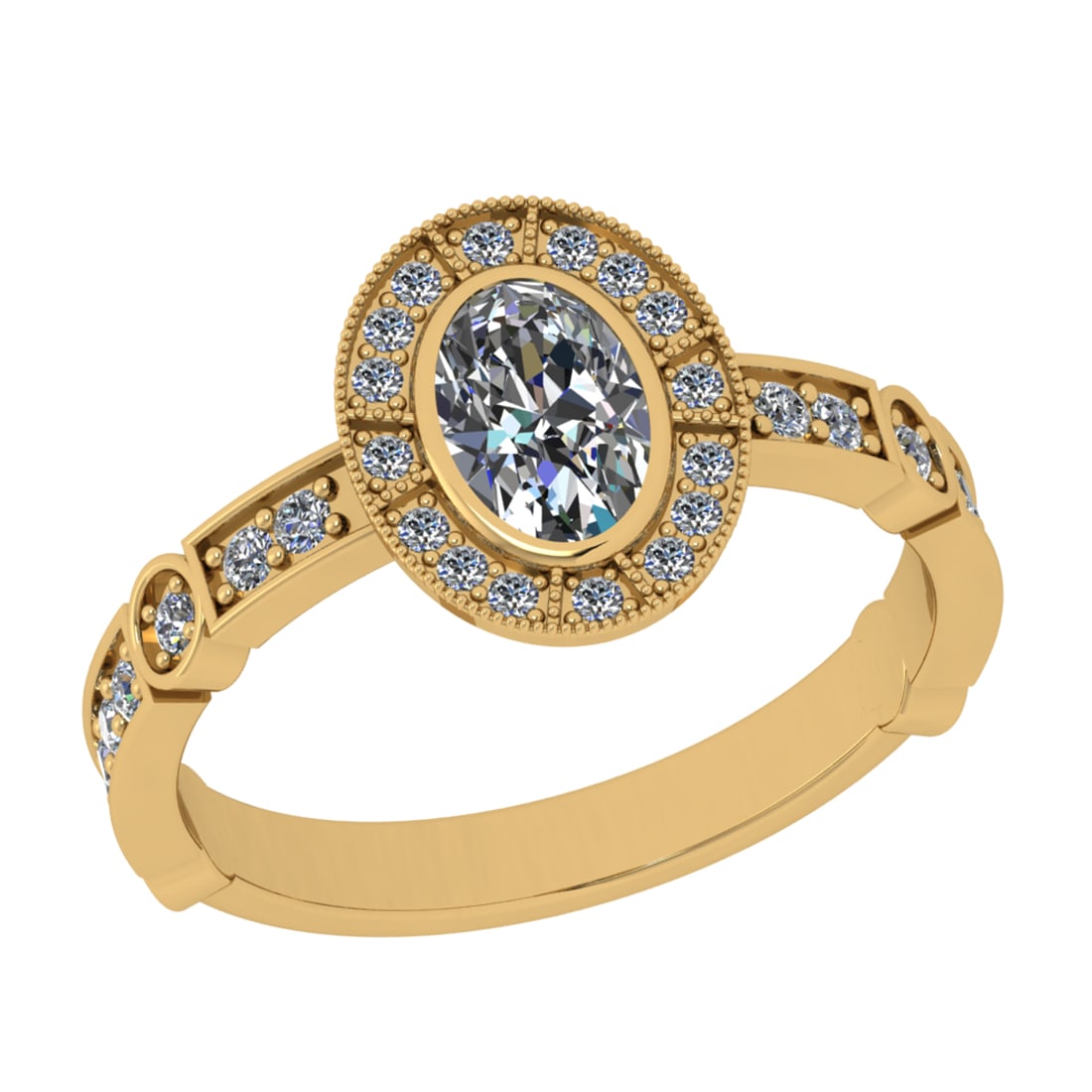 1.00 Ctw SI2/I1 Diamond 14K Yellow Gold Engagement Halo Ring: Center Weight : 0.70 Ctw (Oval Cut) Center Diamond Color : J-K Center Stone Setting : Prong Center Stone Clarity : SI2/I1 Side Stone Weight Of Ctw 0.30 Ctw Side Stone Color : G-H Stone Clarity : SI2/I