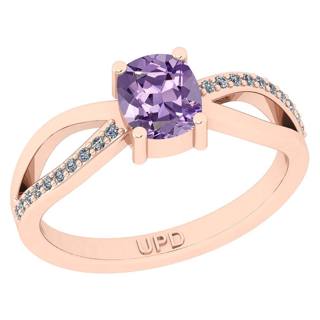 0.62 Ctw I2/I3 Amethyst And Diamond 10K Rose Gold Ring: Color Stone Weight : 0.50 Ctw (Cushion Cut ) Center Stone Color : Amethyst Center Stone Setting : Prong Side Stone Weight Of Ctw 0.12 Ctw Side Stone Color : G-H Stone Clarity : I2/I3 Stone Setting : P