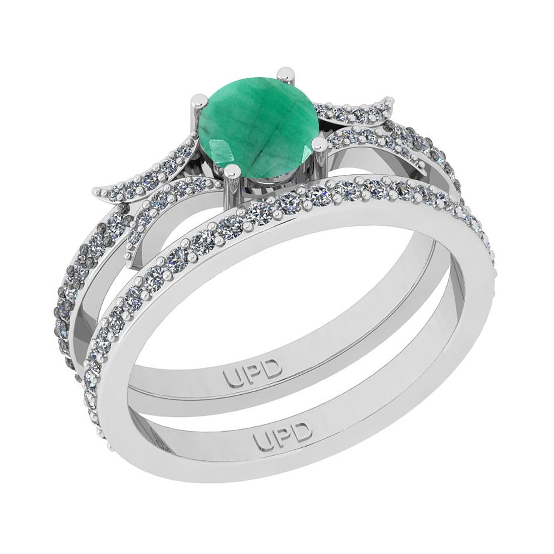 1.01 Ctw SI2/I1 Emerald And Diamond 14K White Gold Anniversary Set Band Rin: Center Stone Weight : 0.50 Ctw ( Round Cut) Center Stone Color :-Emerald Stone Setting : Prong Side Stone Weight Of Ctw 0.51 Ctw Side Stone Color : J-K Stone Clarity : SI2/I1 Stone Setting : Prong Met