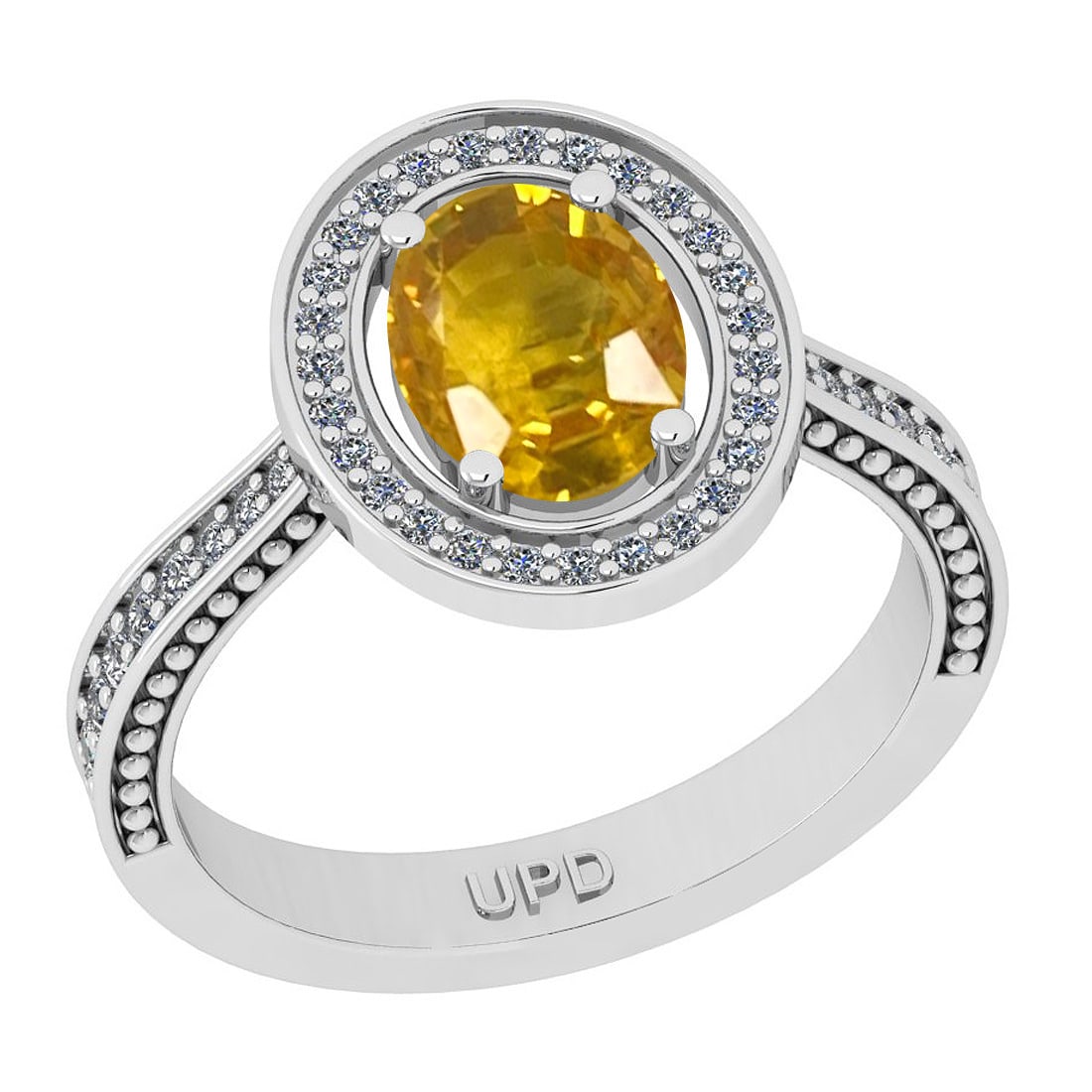 1.55 Ctw I2/I3 Yellow sapphire And Diamond 14K White Gold Engagement Ring: Center Stone Weight : 1.25 Ctw ( Oval Cut) Center Stone Color :-Yellow sapphire Stone Setting : Prong Side Stone Weight Of Ctw 0.30 Ctw Side Stone Color : J-K Stone Clarity : I2/I3 Stone Setting : Pro