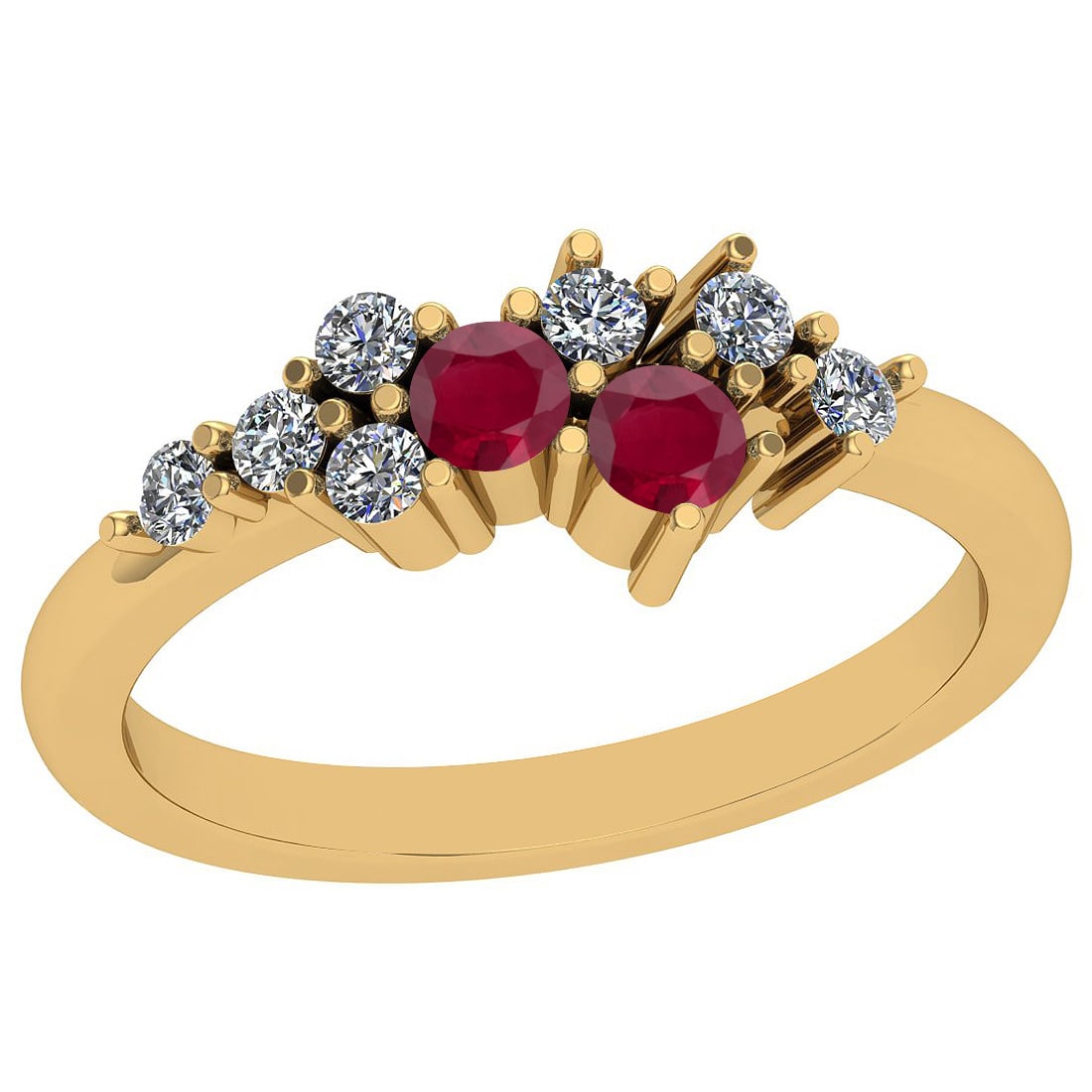 0.44 Ctw VS/SI1 Ruby And Diamond 14K Yellow Gold Vintage Style Ring: Center Stone Weight: 0.20 Ctw Round Cut Center Stone Color: Ruby Center Stone Setting: Prong Side Stone 0.24 Ctw Side Stone Color: J-K Stone Clarity: VS/SI1 Stone Setting: Prong Metal Weight: 3.10 Gra