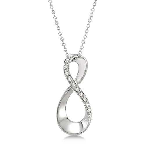 Infinity Diamond Pendant with 18 Inch Chain 14K White Gold 0.10ctw: CENTER STONE; Diamond CENTER STONE CLARITY; SI1-SI2 CENTER STONE COLOR; J-K CENTER STONE SETTING; Prong SIDE STONE CLARITY; SIDE STONE COLOR; SIDE STONE SETTING; ctw OF SIDE STONE: SIDE STONE QUALITY;