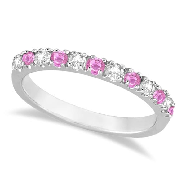 Diamond and Pink Sapphire Ring Guard Stackable 14k White Gold 0.32ctw: CENTER STONE; Sapphire CENTER STONE CLARITY; CENTER STONE COLOR; Pink CENTER STONE SETTING; Prong SIDE STONE CLARITY; SI SIDE STONE COLOR; J-K SIDE STONE SETTING; Prong ctw OF SIDE STONE: 0.16 SIDE ST