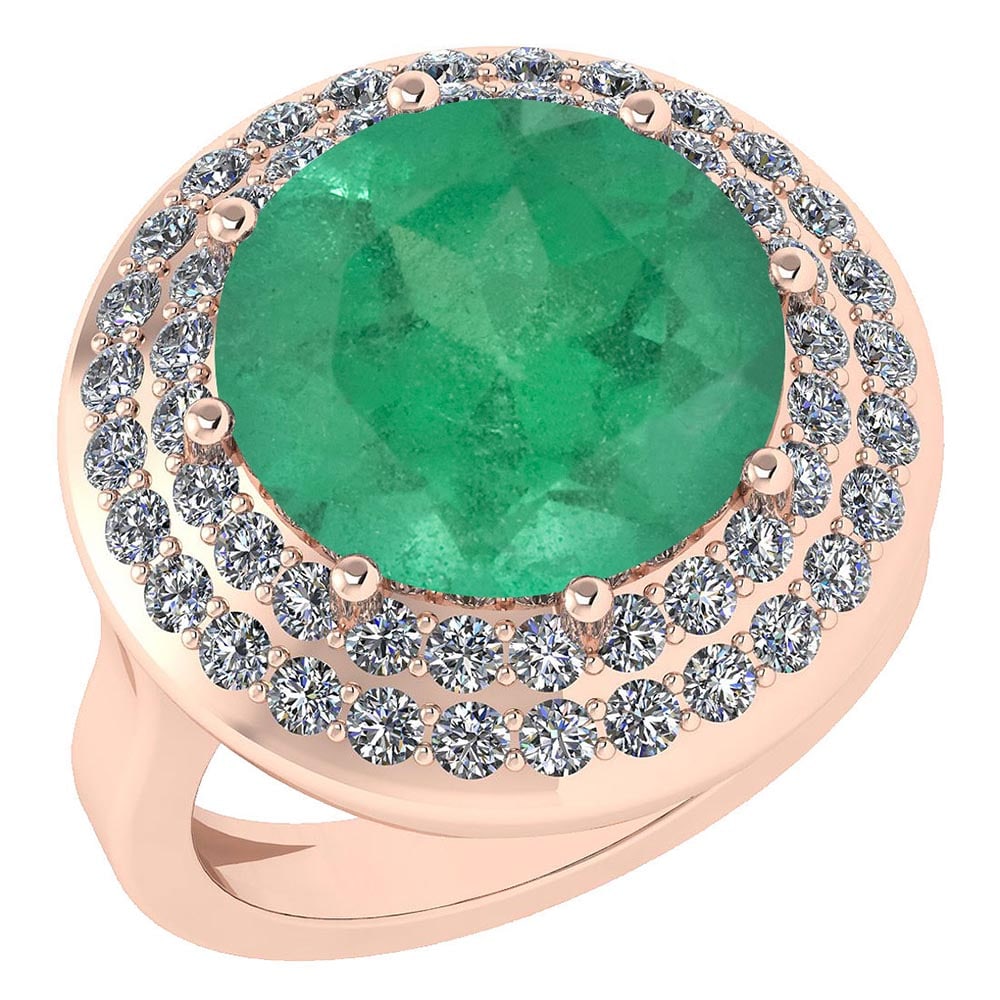 Certified 7.30 Ctw Emerald And Diamond Ladies Fashion Halo Ring 14k Rose Go: Center Stone Weight ; 6.00 Ctw (1 Pcs Round) Center Stone Color: Emerald Center Stone Setting ; Prong Side Stone (52 Pcs Round Cut Diamond) 1.30 ctw Side Stone Color: White G-H Diamond Side Stone Sett