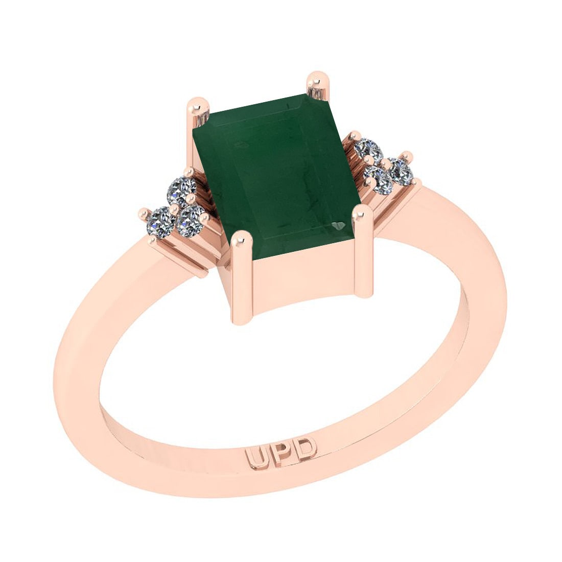 1.70 Ctw SI2/I1 Emerald And Diamond 14K Rose Gold Ring: Center Stone Weight : 1.62 Ctw ( Emerald Cut) Center Stone Color :-Emerald Stone Setting : Prong Side Stone Weight Of Ctw 0.08 Ctw Side Stone Color : J-K Stone Clarity : SI2/I1 Stone Setting : Prong M