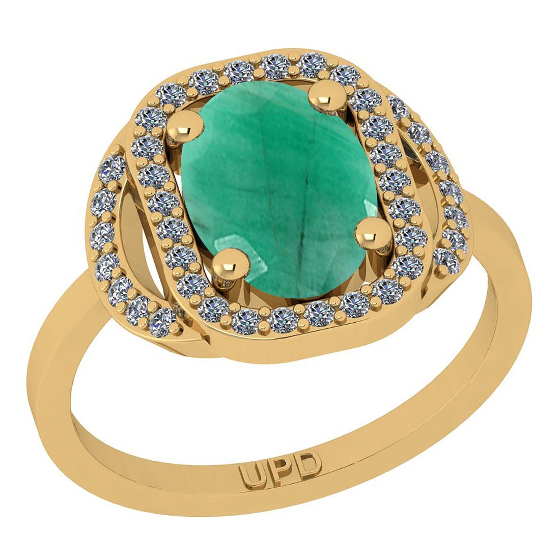 2.32 Ctw SI2/I1 Emerald And Diamond 14K Yellow Gold Engagement Ring: Center Stone Weight : 2.00 Ctw ( Oval Cut) Center Stone Color :-Emerald Stone Setting : Prong Side Stone Weight Of Ctw 0.32 Ctw Side Stone Color : J-K Stone Clarity : SI2/I1 Stone Setting : Prong Meta