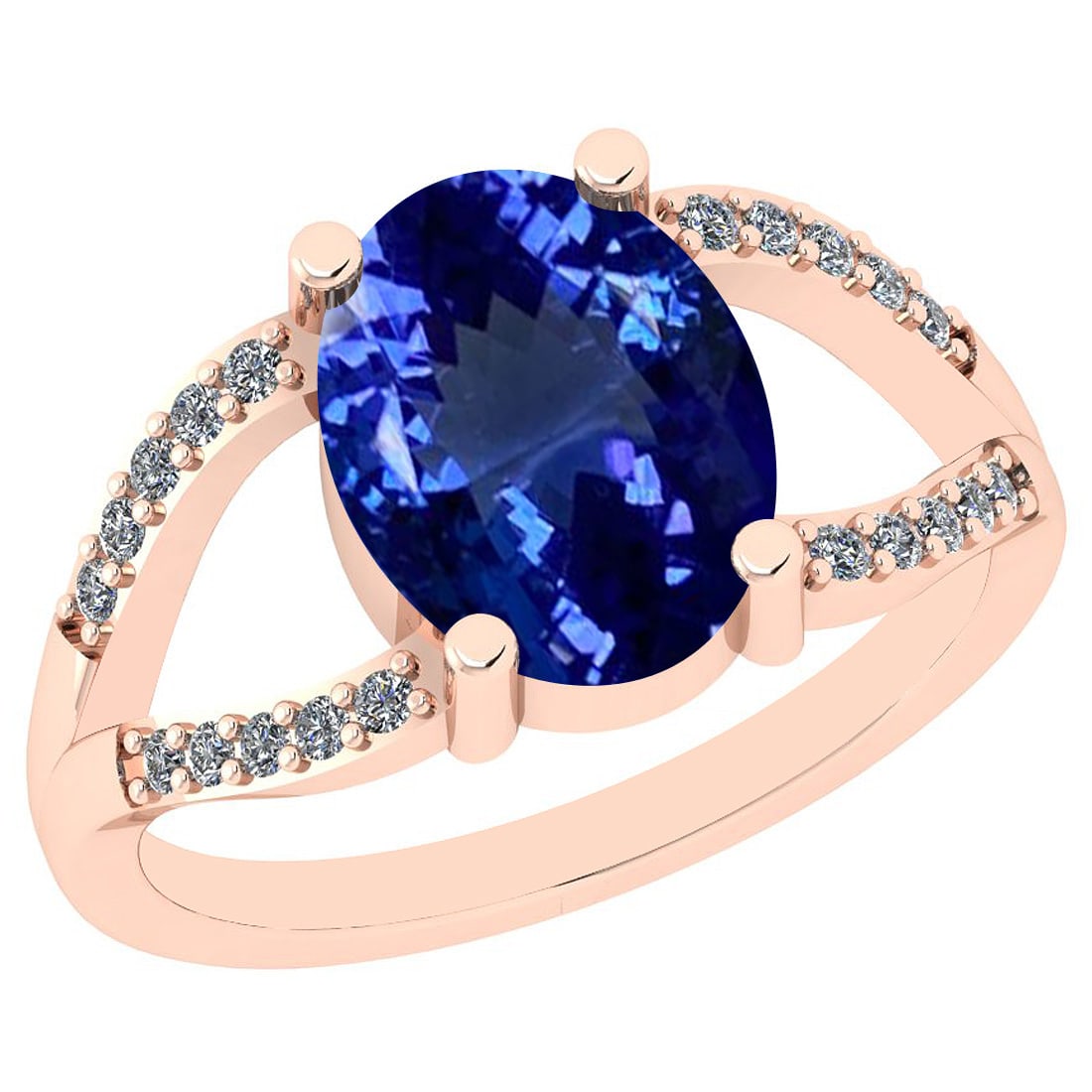 5.00 Ctw VS/SI1 Tanzanite And Diamond 14K Rose Gold halo Ring: Center Stone Approx Weight: 4.80 Ctw (Oval Cut) Center Stone Color: Tanzanite Center Stone Setting: Prong Side Stone 0.20 Ctw Side Stone Color: H-I Stone Clarity: VS/SI1 Stone Setting: Prong Metal App