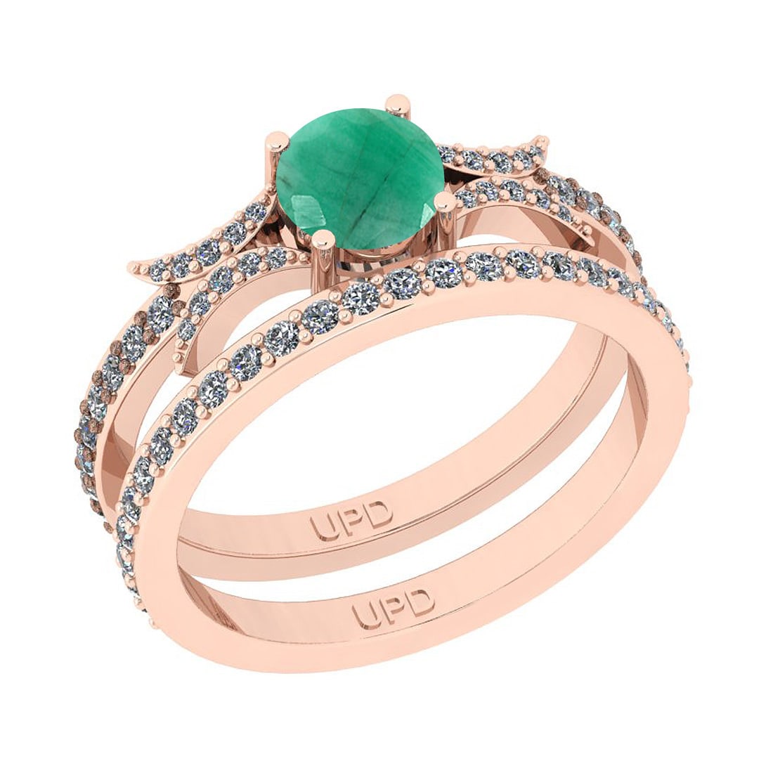 1.01 Ctw SI2/I1 Emerald And Diamond 14K Rose Gold Anniversary Set Band Ring: Center Stone Weight : 0.50 Ctw ( Round Cut) Center Stone Color :-Emerald Stone Setting : Prong Side Stone Weight Of Ctw 0.51 Ctw Side Stone Color : J-K Stone Clarity : SI2/I1 Stone Setting : Prong Met