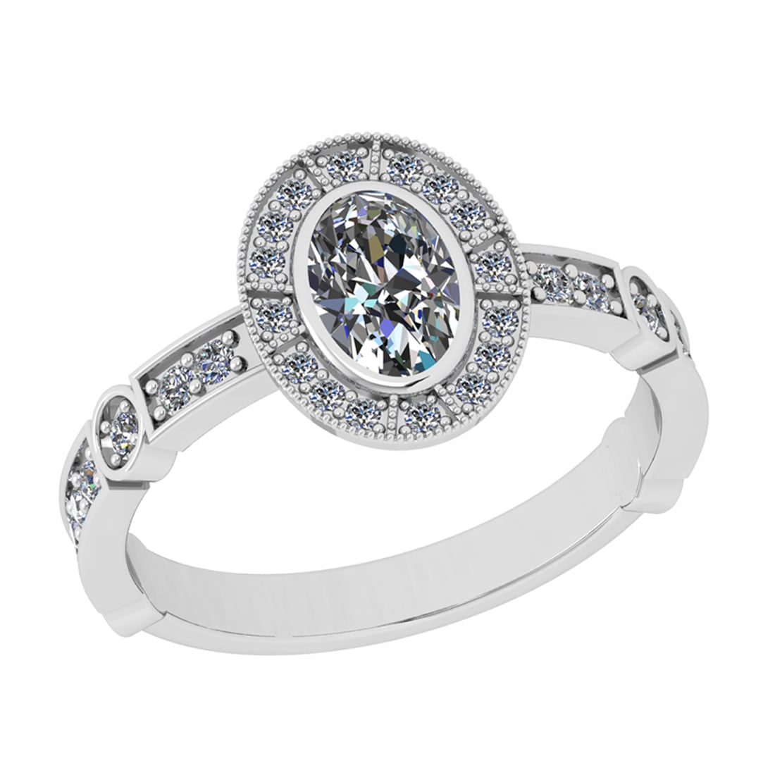1.00 Ctw SI2/I1 Diamond 14K White Gold Engagement Halo Ring: Center Weight : 0.70 Ctw (Oval Cut) Center Diamond Color : J-K Center Stone Setting : Prong Center Stone Clarity : SI2/I1 Side Stone Weight Of Ctw 0.30 Ctw Side Stone Color : J-K Stone Clarity : SI2/I