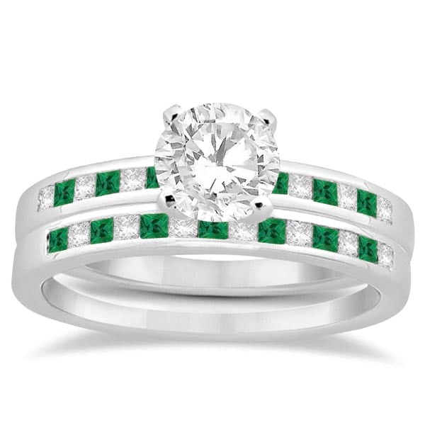 Princess Cut Diamond and Emerald Bridal Ring Set 14k White Gold 1.54ctw (1 of 1)