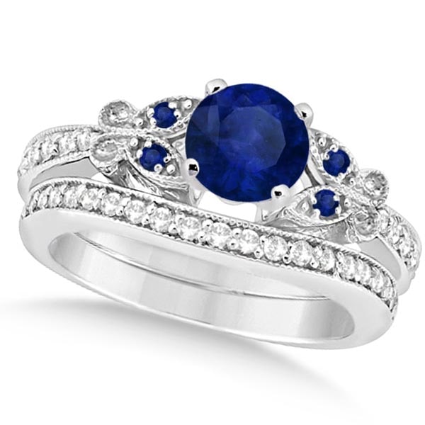 Butterfly Blue Sapphire and Diamond Bridal Set 14k White Gold 1.50ctw: CENTER STONE; Blue Sapphire CENTER STONE CLARITY; Eye Clean CENTER STONE COLOR; Blue CENTER STONE SETTING; Prong SIDE STONE CLARITY; Eye Clean,SI1-SI2 SIDE STONE COLOR; Blue,J-K SIDE STONE SETTING; Pa