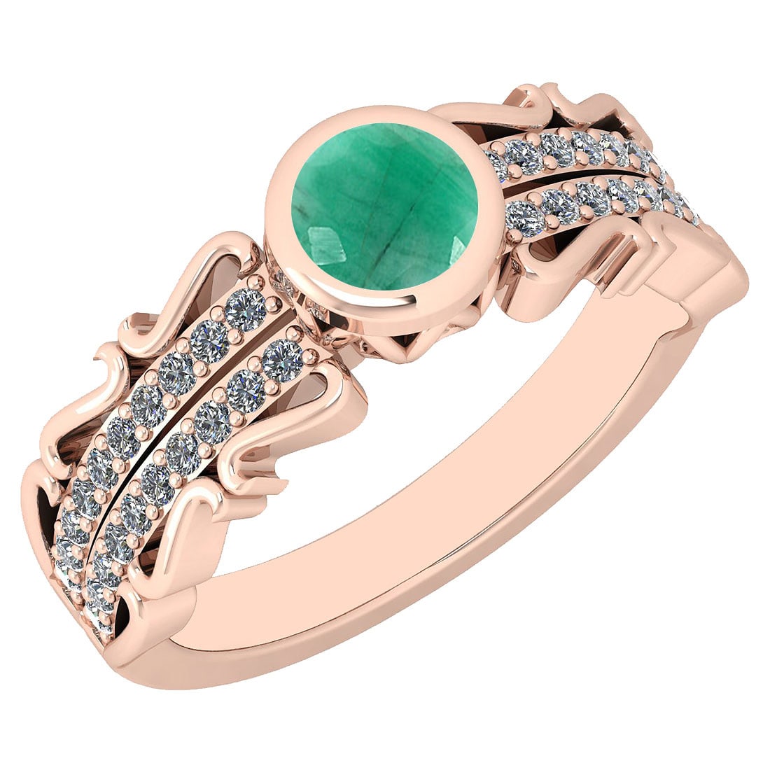 0.82 Ctw I2/I3 Emerald And Diamond 14K Rose Gold Engagement Ring: Center Stone Weight ; 0.50 Ctw ( Round Cut ) Stone Color :Emerald Color Stone Setting ; Bezel Side Stone Weight of Ctw ; 0.32 ctw Side Stone Color : J-K Side Stone Setting: Prong Side Stone Clarity :