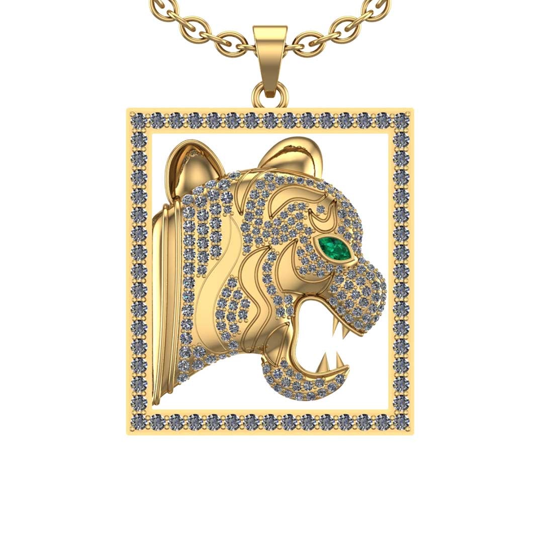 3.58 Ctw SI2/I1 Diamond 14k Yellow Gold Lion Pendant Necklace: Eye stone weight 0.10 eye stone color :- Emerlad Total Diamond Weight : 3.48 Ctw (Round cut) Center Diamond Color :- j-k Center Clarity : SI2/I1 Stone Setting : Prong Metal Weight : Approx 13.90 Gram