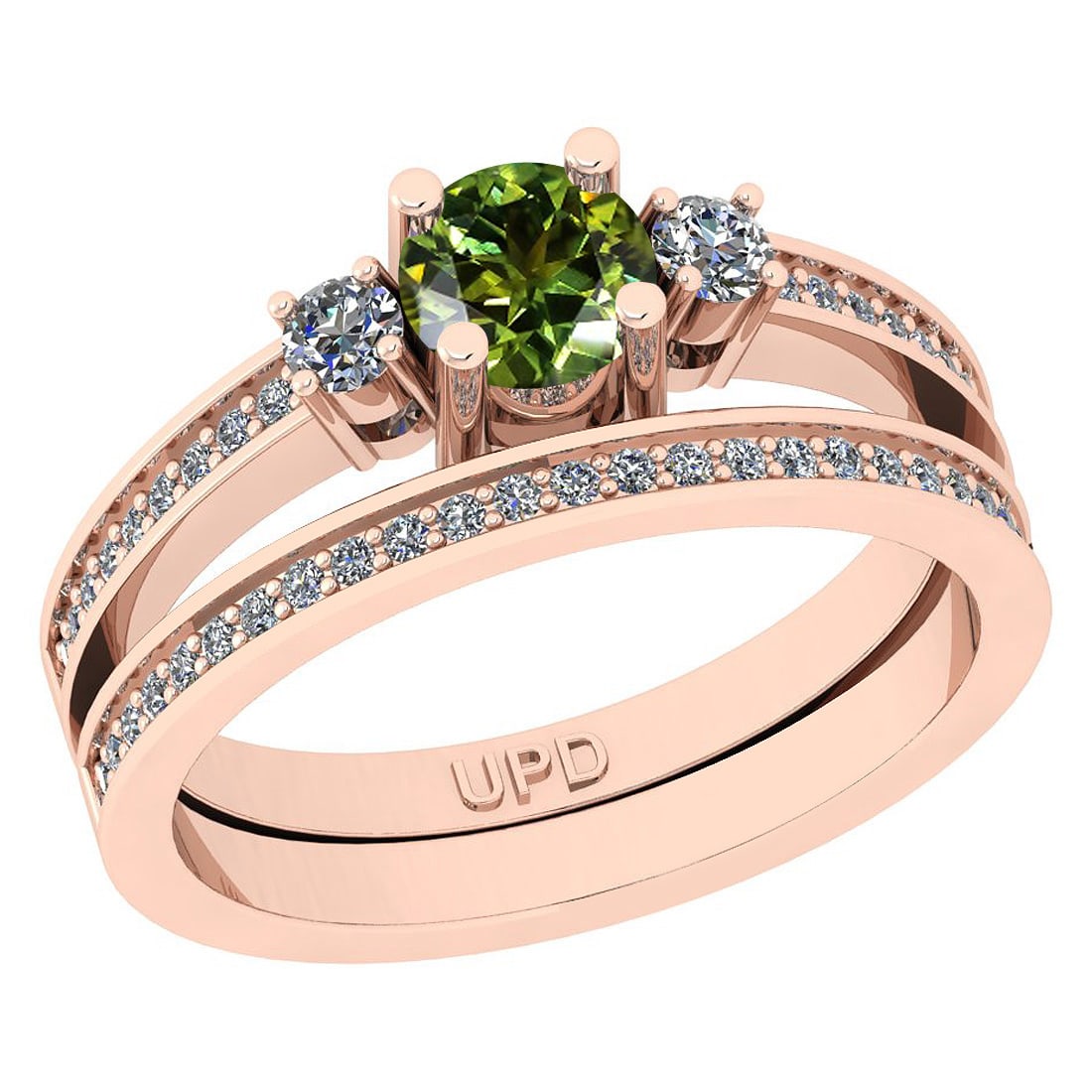 0.50 Ctw I2/I3 Green Sapphire And Diamond 10K Rose Gold Wedding Set Ring: Center Stone Weight : 0.25 Ctw ( Round Cut) Center Stone Color :-Green Sapphire Stone Setting : Prong Side Stone Weight Of Ctw 0.25 Ctw Side Stone Color : J-K Stone Clarity : I2/I3 Stone Setting : Pro