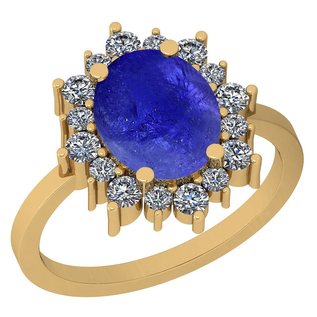 3.75 Ctw SI2/I1 Tanzanite And Diamond 14K Yellow Gold Vintage Style Ring: Color Stone Weight : 2.90 Ctw ( Oval Cab ) Center Stone Color :-Tanzanite Center Stone Setting : Prong Side Stone Weight Of Ctw 0.85 Ctw Side Stone Color : J-K Stone Clarity : SI2/I1 Stone Setting :