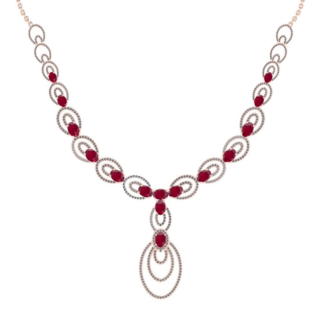 23.80 Ctw SI2/I1 Ruby And Diamond 14K Rose Gold Victorian Style Necklace: Color Stone Weight : 20.75 Ctw ( 15 Psc Oval Cut ) Center Stone Color :-Ruby Center Stone Setting : Prong Side Stone Weight Of Ctw 3.05 Ctw Side Stone Color : G-H Stone Clarity : SI2/I1 Stone Setting