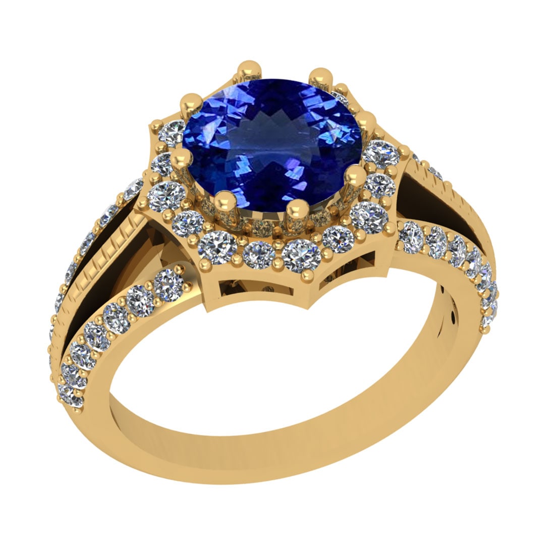 2.70 Ctw SI2/I1 Tanzanite And Diamond 14K Yellow Gold Vintage Style Engagem: Color Stone Weight : 2.00 Ctw (Round Cut ) Center Stone Color : Tanzanite Center Stone Setting : Prong Side Stone Weight Of Ctw 0.70 Ctw Side Stone Color : J-K Stone Clarity : SI2/I1 Stone Setting : P